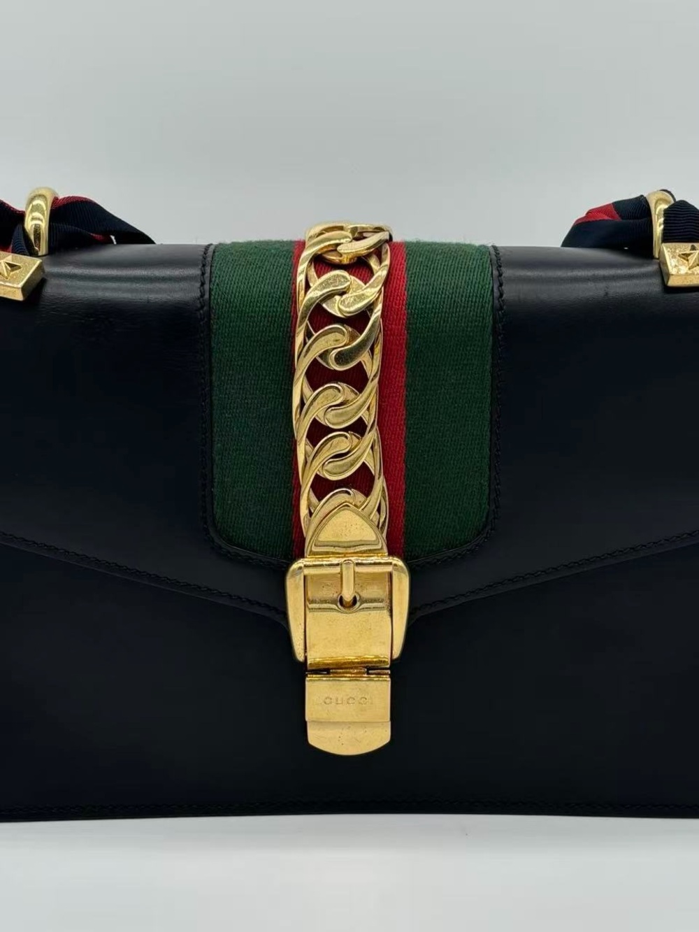 Gucci Black Leather Shoulder Bag with Green & Red Web and Gold Chain Detail